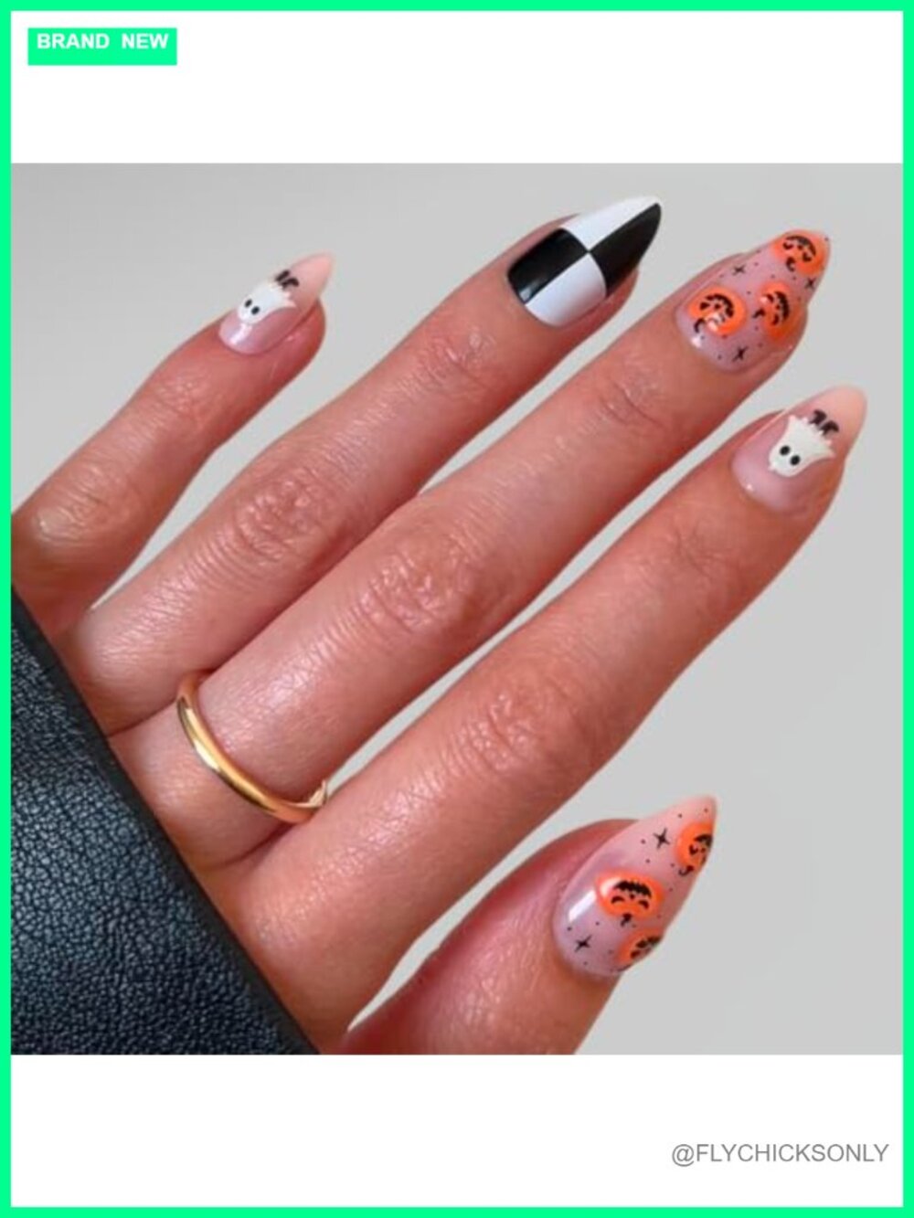 Press On Nails Halloween Pumpkin Ghost Glossy Almond 30 Nails Kit